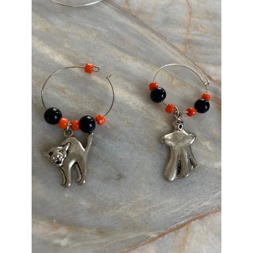 Halloween Wine Glass Charms Set 7pc Skull Ghost Cat Pumpkin Spider Witch Hat